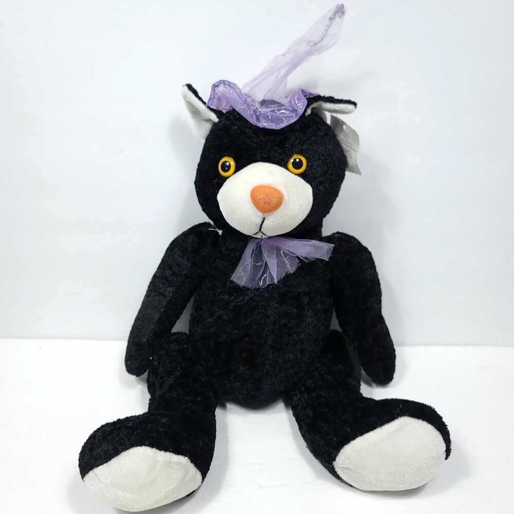 Black Kitty Cat Witch Hat Purple Plush Stuffed Animal Halloween Bow Hat 16"